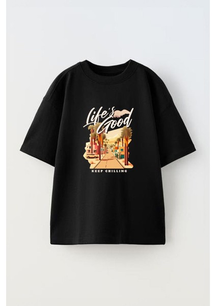 Life's Good Keep Chilling Ön Baskılı Pamuk Siyah Oversize T Shirt