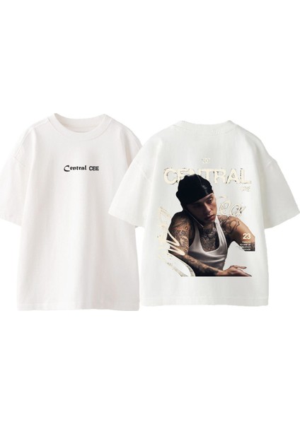 Central Cee Tasarım Sırt Baskılı Pamuk Beyaz Oversize T Shirt
