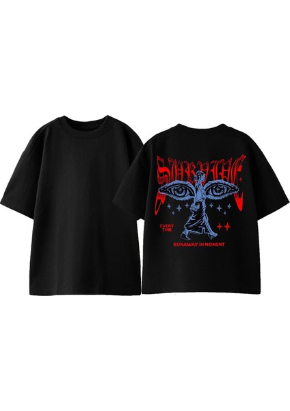 Runaway In Moment Tasarım Sırt Baskılı Pamuk Siyah Oversize T Shirt
