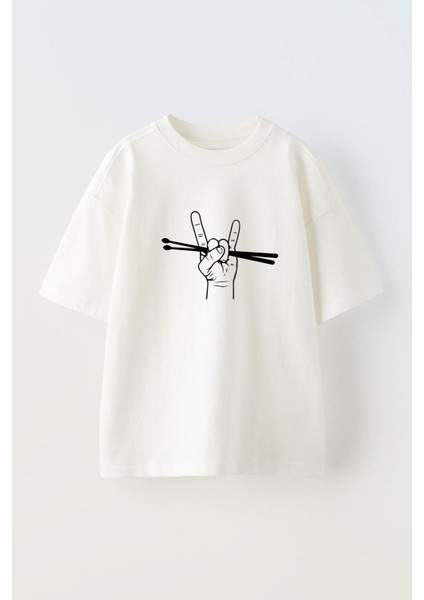 Drum Sticks Ön Baskılı Pamuk Beyaz Oversize T Shirt