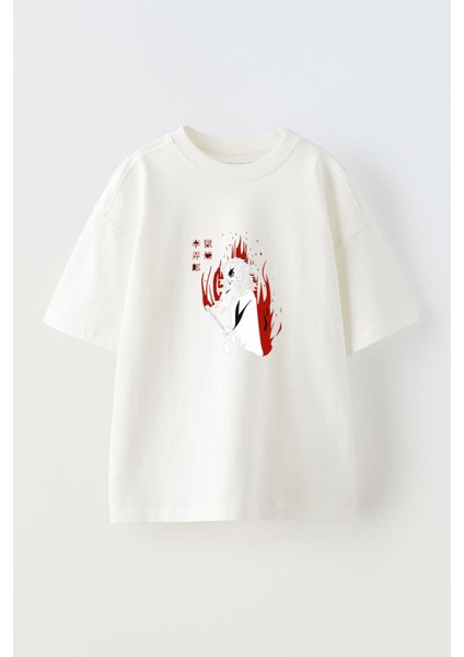 Anime Kyojuro Rengoku Ön Baskılı Pamuk Beyaz Oversize T Shirt