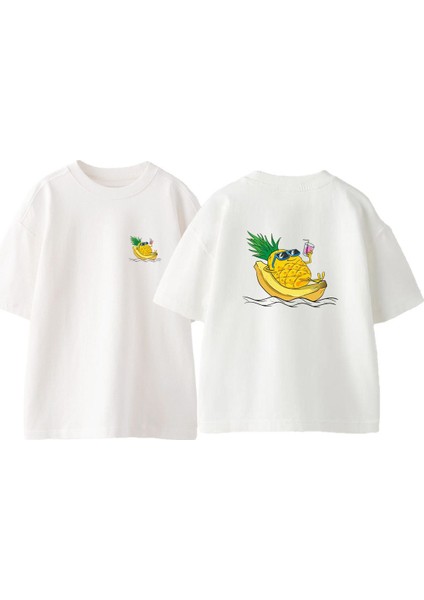 Muz Ustundeki Ananans Ön Arka Baskılı Pamuk Beyaz Oversize T Shirt