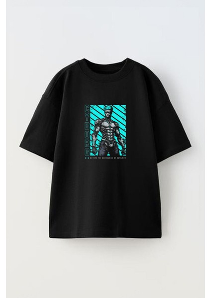 Cyborg Man Of Steel Ön Baskılı Pamuk Siyah Oversize T Shirt
