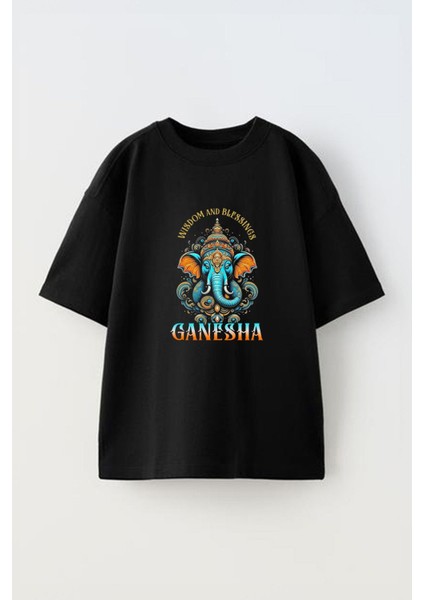 Ganesha Wisdom Ön Baskılı Pamuk Siyah Oversize T Shirt