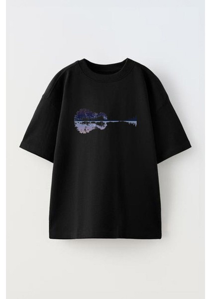 Nature Guitar Canvas Ön Baskılı Pamuk Siyah Oversize T Shirt