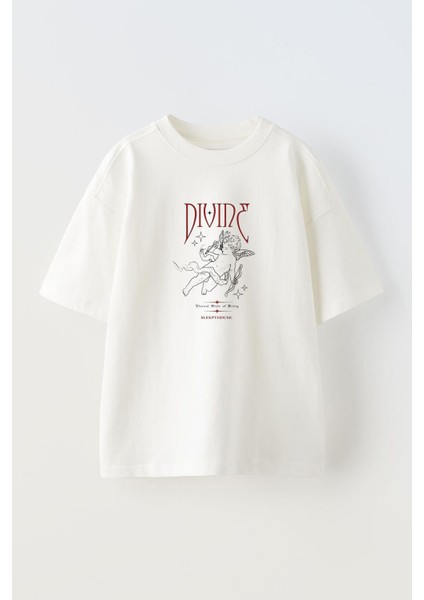 Dıvıne Sleepy House Ön Baskılı Pamuk Beyaz Oversize T Shirt