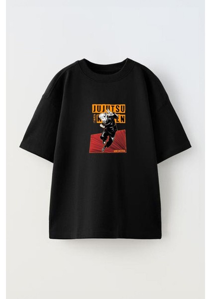 Camisetas Jujutsu Kaisen Ön Baskılı Pamuk Siyah Oversize T Shirt