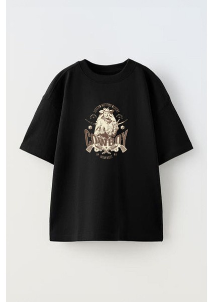 Cowboy Legend Wetern Ön Baskılı Pamuk Siyah Oversize T Shirt