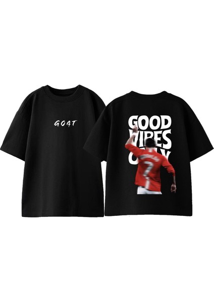 Goat Good Vibes Tasarım Sırt Baskılı Pamuk Siyah Oversize T Shirt