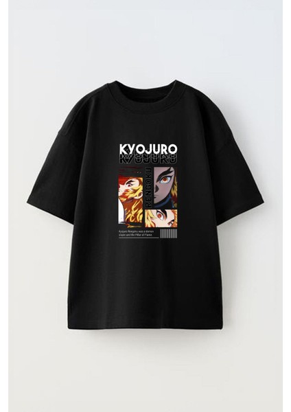 Slayer Rengoku Kyojuro Ön Baskılı Pamuk Siyah Oversize T Shirt