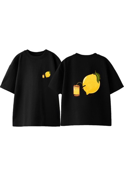 Limonata Yapımı Ön Arka Baskılı Pamuk Siyah Oversize T Shirt