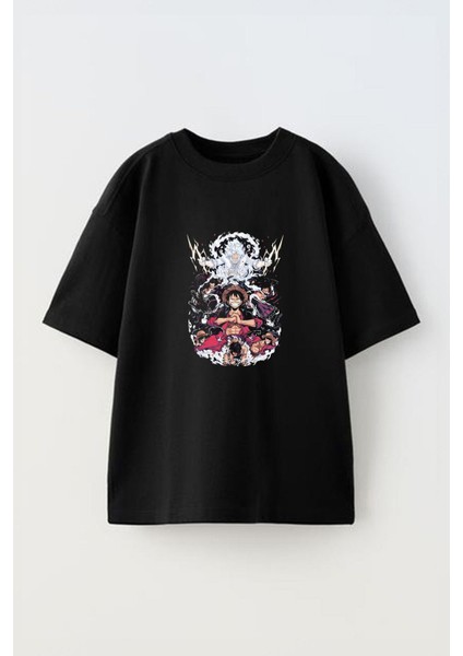 Anime Karakter Luffy One Piece Ön Baskılı Pamuk Siyah Oversize T Shirt