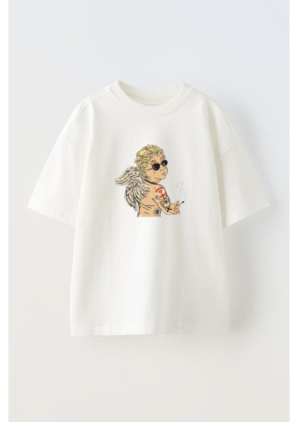 Dövmeli Melek Ön Baskılı Pamuk Beyaz Oversize T Shirt
