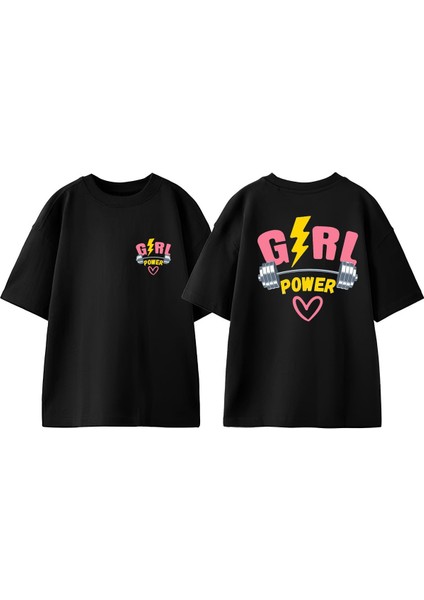 Power Gırl Tasarım Sırt Baskılı Pamuk Siyah Oversize T Shirt