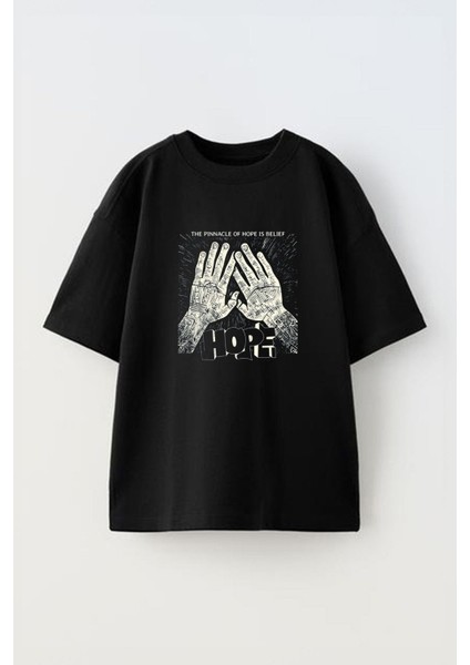 Bright Hope Ön Baskılı Pamuk Siyah Oversize T Shirt