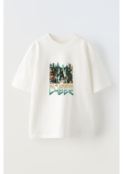 Cyber Punk Ön Baskılı Pamuk Beyaz Oversize T Shirt