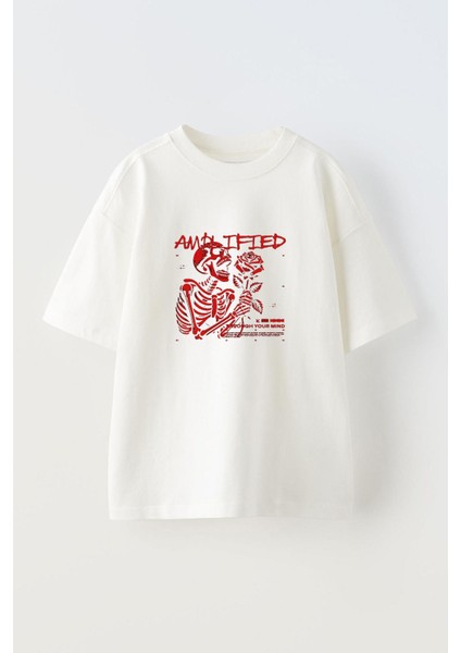 Amplified Skeleton Ön Baskılı Pamuk Beyaz Oversize T Shirt