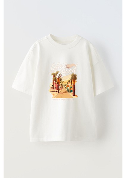 Life's Good Keep Chilling Ön Baskılı Pamuk Beyaz Oversize T Shirt