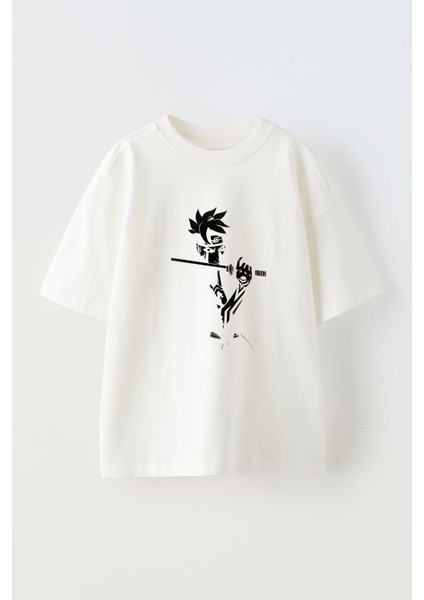 Boruto Black Ön Baskılı Pamuk Beyaz Oversize T Shirt