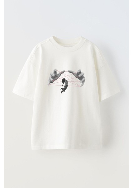 Hand Human Ön Baskılı Pamuk Beyaz Oversize T-Shirt