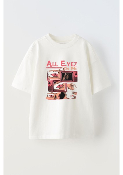 All Eyez On Me Ön Baskılı Pamuk Beyaz Oversize T-Shirt