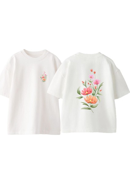 Cicekler Ön Arka Baskılı Pamuk Beyaz Oversize T Shirt