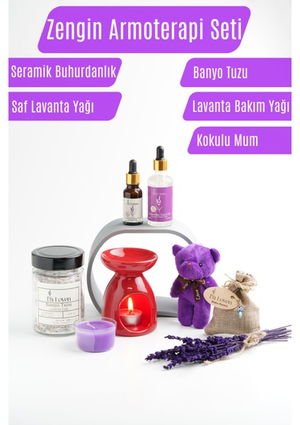 Zengin Aromaterapi Seti - Lavanta Yağı, Lavanta Bakım Yağı, Seramik Buhurdanlık, Banyo Tuzu