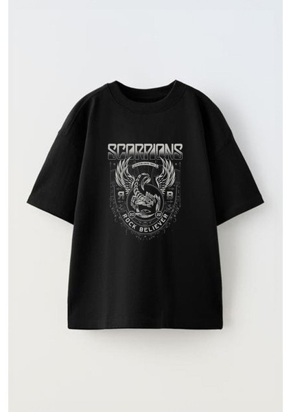 Scorrions Tasarım Ön Baskılı Pamuk Siyah Oversize T Shirt