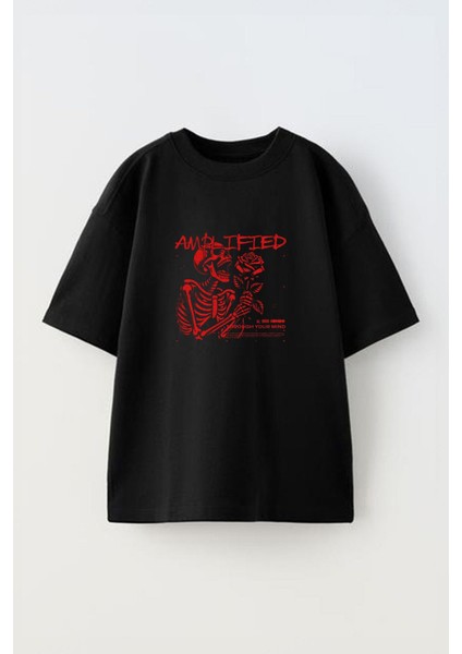 Amplified Skeleton Ön Baskılı Pamuk Siyah Oversize T Shirt
