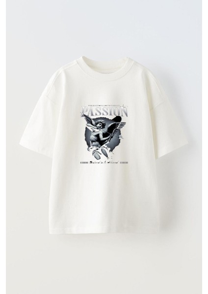 Passıon Angel Graphic Ön Baskılı Pamuk Beyaz Oversize T Shirt