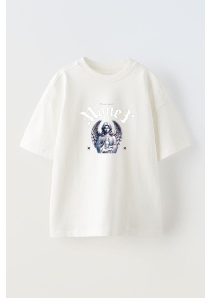 Money Melek Ön Baskılı Pamuk Beyaz Oversize T Shirt