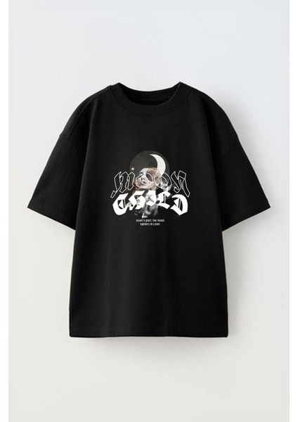 Moon Child Ön Baskılı Pamuk Siyah Oversize T Shirt