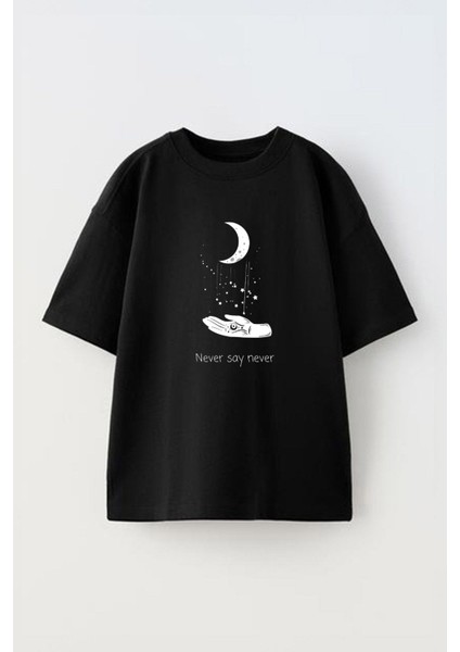 Never Say Never Ön Baskılı Pamuk Siyah Oversize T Shirt
