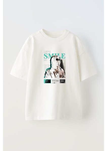 Let's Smile Design Ön Baskılı Pamuk Beyaz Oversize T Shirt