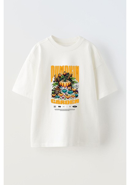 Pumpkin Garden Ön Baskılı Pamuk Beyaz Oversize T Shirt