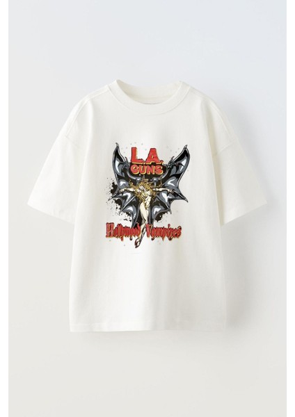 La-Guns-Tasarım Ön Baskılı Pamuk Beyaz Oversize T Shirt