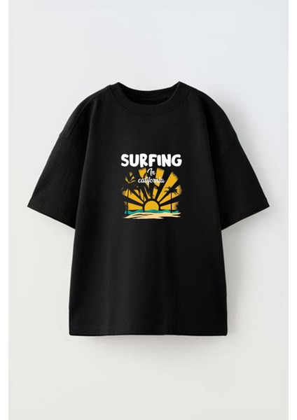 Surfing Glasses Ön Baskılı Pamuk Siyah Oversize T Shirt