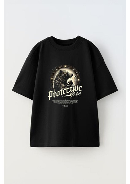 Protective Love Ön Baskılı Pamuk Siyah Oversize T Shirt