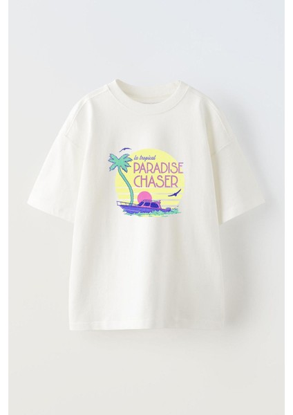 Paradise Chaser Ön Baskılı Pamuk Beyaz Oversize T Shirt