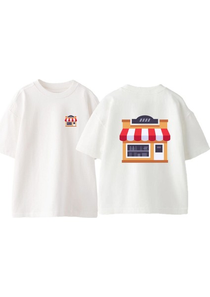 Bakkal Ön Arka Baskılı Pamuk Beyaz Oversize T Shirt