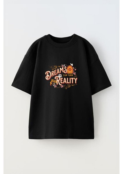 Floral Dreams Realıty Ön Baskılı Pamuk Siyah Oversize T Shirt