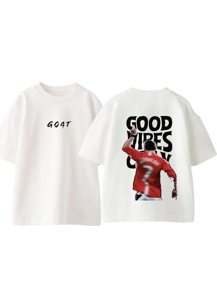 Goat Good Vibes Tasarım Sırt Baskılı Pamuk Beyaz Oversize T Shirt