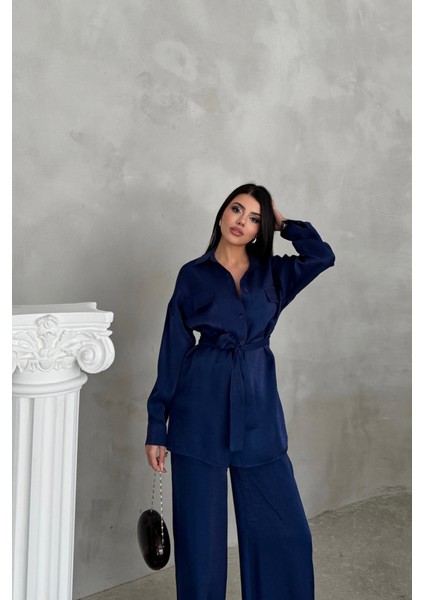 Simli Kumaş Salaş Pantolon - Gömlek Takım - Lacivert fırsatları