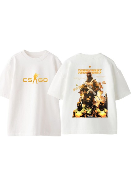 Csgo T Ön Arka Baskılı Pamuk Beyaz Oversize T Shirt