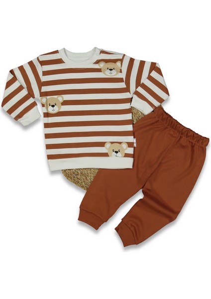Çizgili Ayıcık Desenli Tarçın Erkek Bebek Takımı