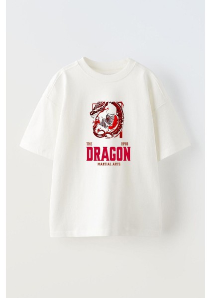 Bruce Lee Red Dragon Tee Ön Baskılı Pamuk Beyaz Oversize T Shirt