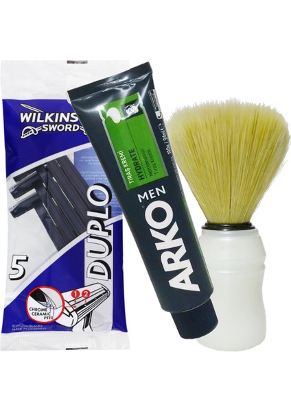 Hydrate Tıraş Kremi 100 Gr, Duplo Çift Bıçaklı Tıraş Bıçağı 5'li Poşet, Tıraş Fırçası Seti