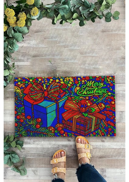 Merry Christmas Yılbaşı Hediye Kutulu Welcome Hoş Geldiniz Kapı Önü Paspası 45X70CM fiyatları