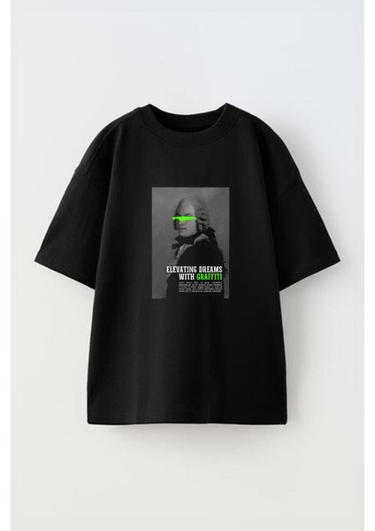 Elevatıng Dreams Wıth Graffıtı Ön Baskılı Pamuk Siyah Oversize T Shirt