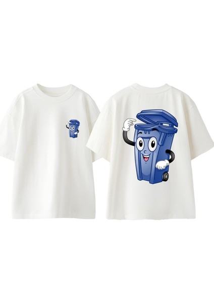 Mutlu Cop Tasarım Sırt Baskılı Pamuk Beyaz Oversize T Shirt